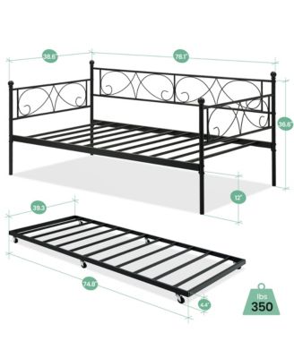 Twin Daybed with Trundle, Metal Sofa Bed Frame, Heavy Duty Metal Slats