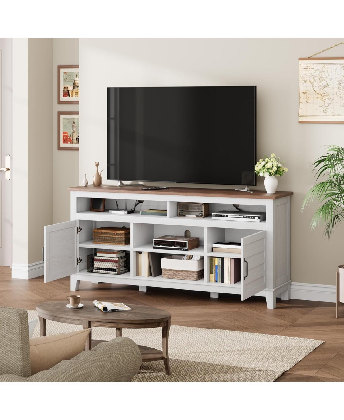 gaomon Tv Stand for 63 in, Entertainment Center with Adjustable Shelves, Farmhouse Cabinet Doors,for Living Room