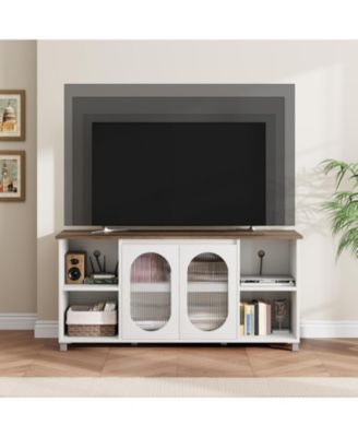70" Rustic TV Stand for Living Room Entertainment Center with Corrugated Glass Doors & Open Shelves, Media Console