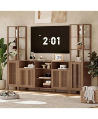 Farmhouse TV Stand for 70-Inch TVs, Entertainment Center with Bookshelves, Storage Cabinet & Adjustable Shelves