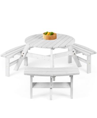 6-Person Circular Outdoor Wooden Picnic Table with 3 Built-In Benches, Umbrella Hole