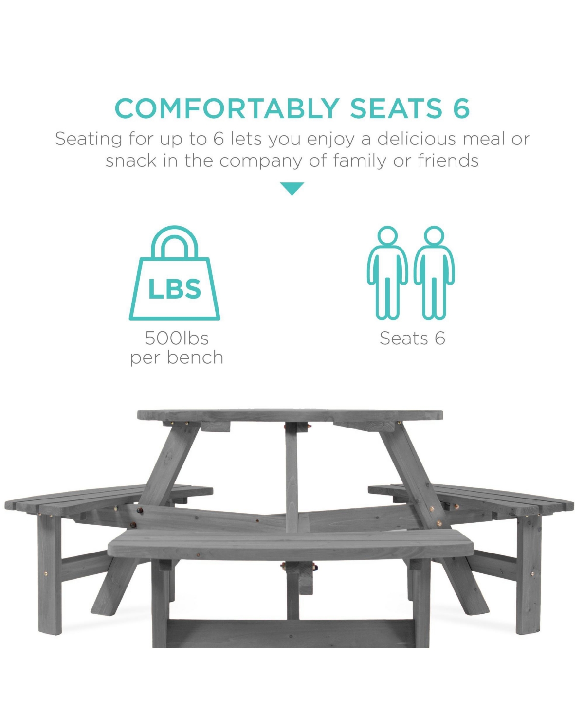 Best Choice Products 6-Person Circular Outdoor Wooden Picnic Table w/ 3 Built-In Benches, Umbrella Hole