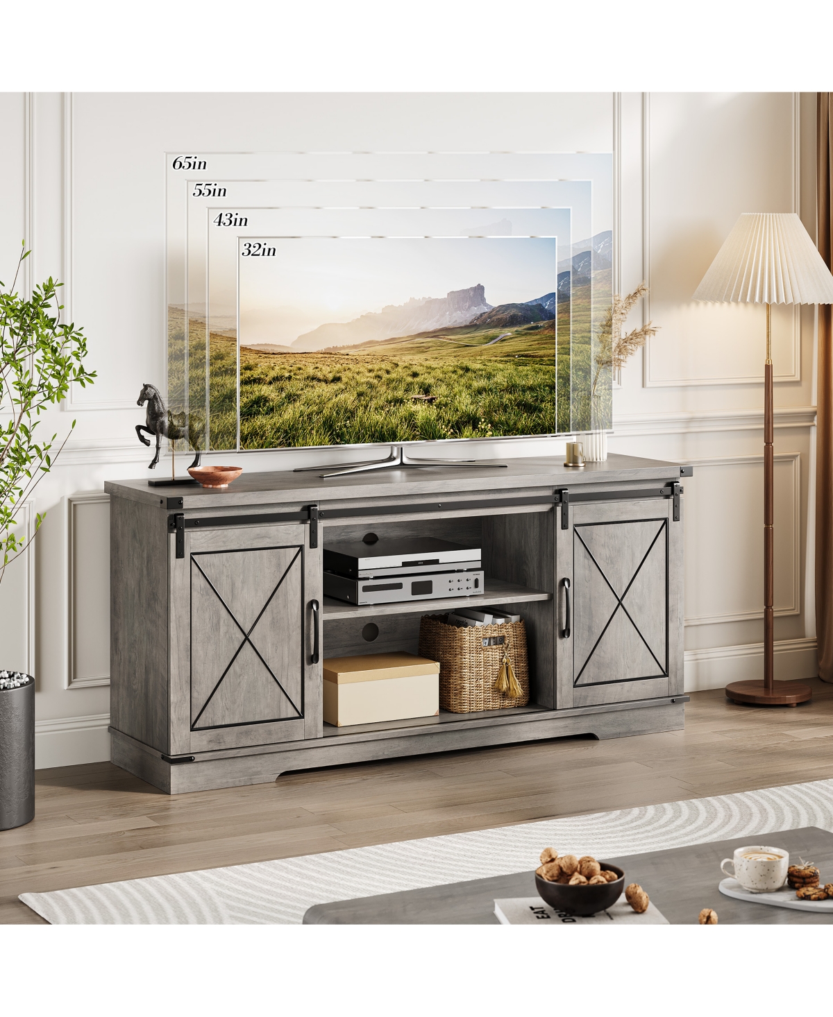 Gaomon 59" Farmhouse Tv Stand for 65" TVs, Media Console with Sliding Barn Doors & Adjustable Shelves