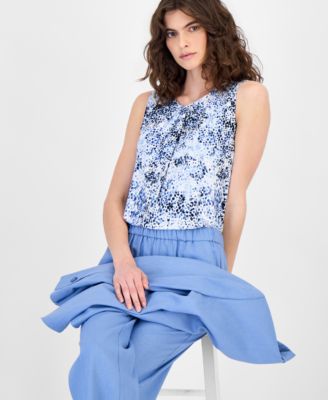 Women's Linen-Blend One-Button Blazer, Asymmetric Pleated Top & Ankle Pants