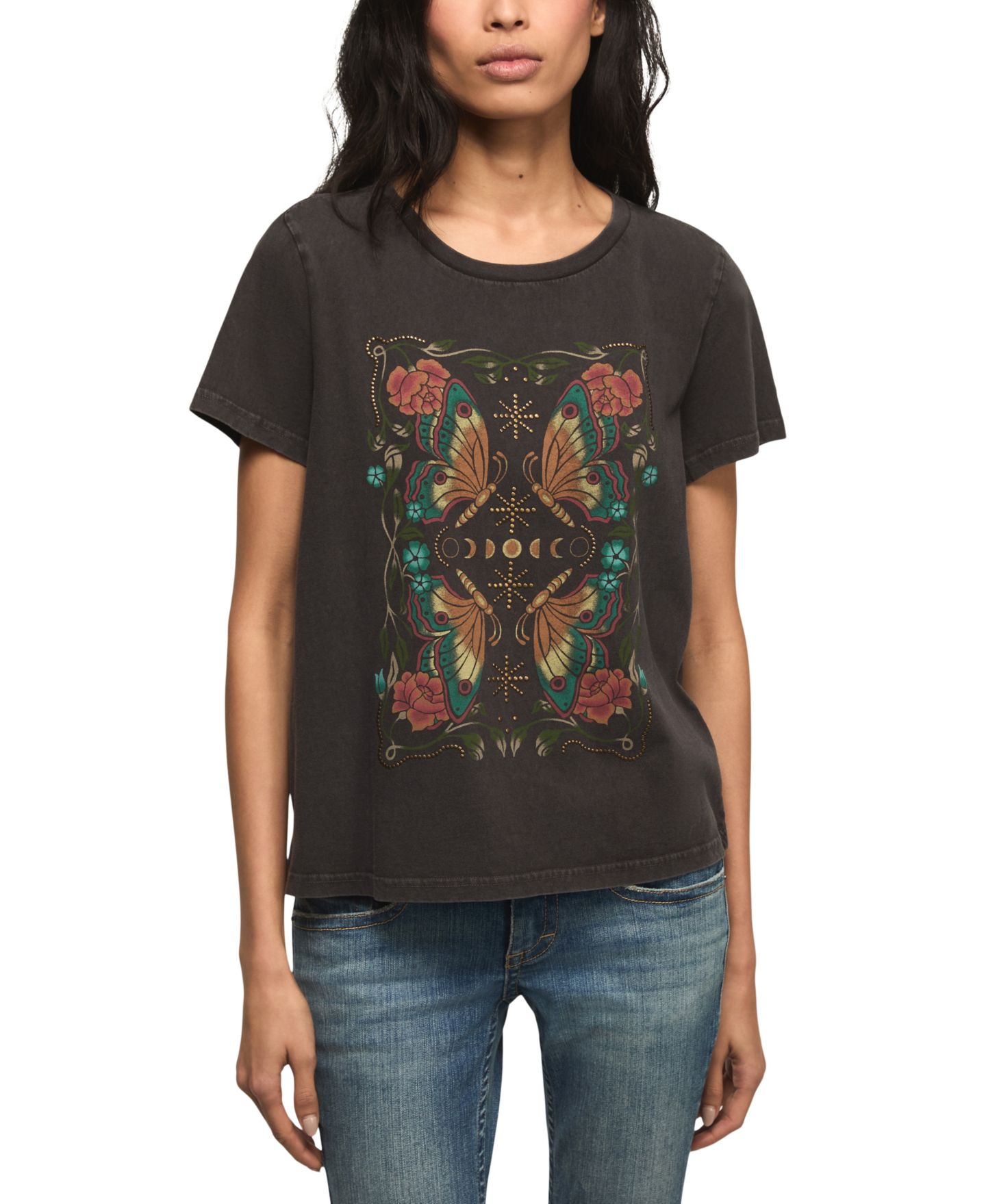 Женская футболка Lucky Brand Mirror Butterfly Classic Crewneck, цвет: Угольно-чёрный — фото 1