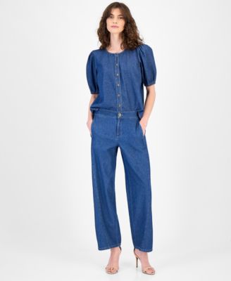 Women's Cotton Gathered Denim Blouse & Cotton High-Rise Wide-Leg Jeans
