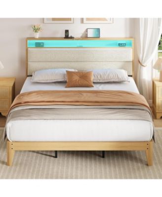 Bed with Storage Headboard, Boucle Upholstered Platform Bed with RGB LED Lights & Charging Station