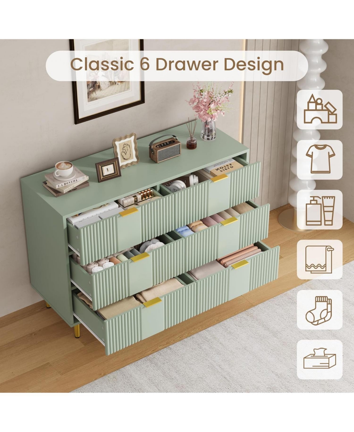gaomon Fluted Dresser for Bedroom with 6 Drawers