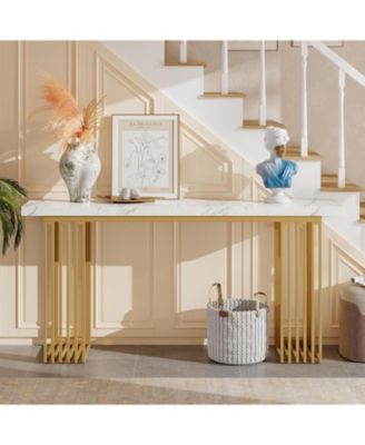 Modern Console Table with Faux Marble Top & Metal Base, 63" Narrow Long Sofa Table for Entryway, Hallway, Living Room