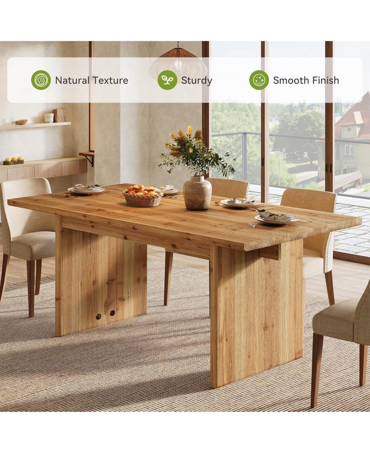 Tribesigns Solid Wood Dining Table for 6, 63 Inches Farmhouse Rectangle Kitchen Dinner Tables for Dining Room, Kitchen, Living Room, Rustic Brown