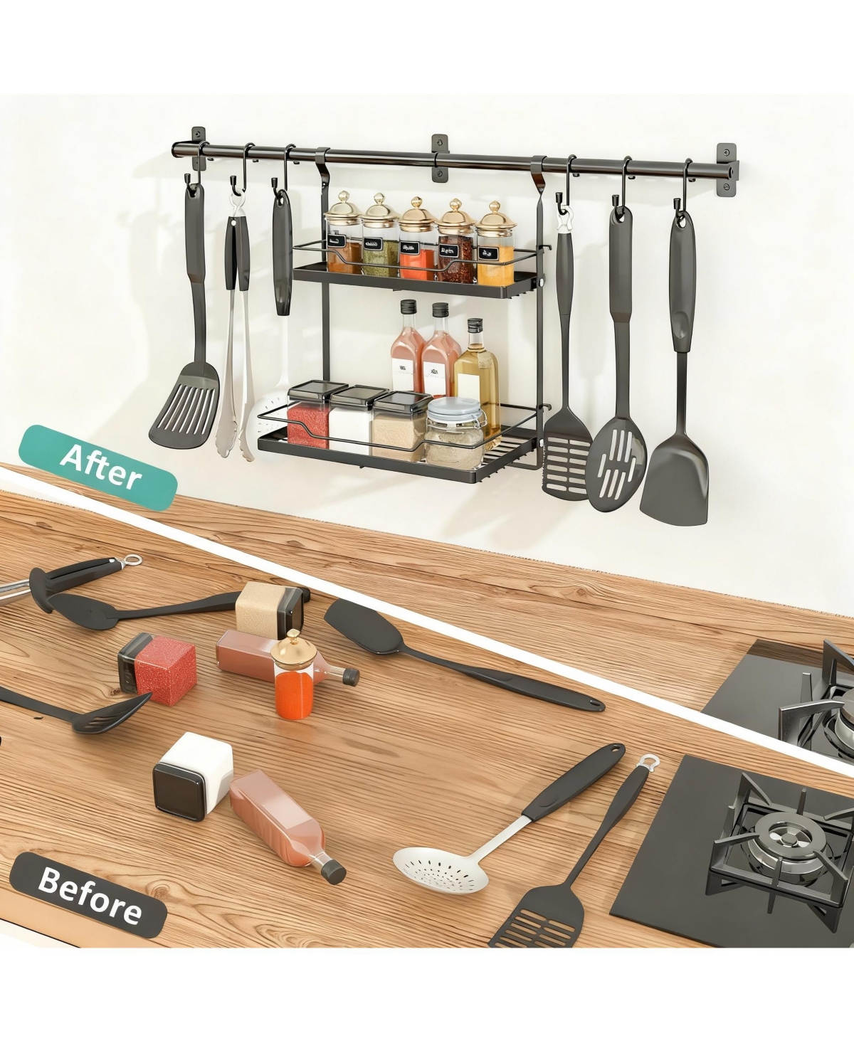 Yigii 3-In-1 Wall Organizer: Spice Shelves, Utensil Hanger, Towel Bar