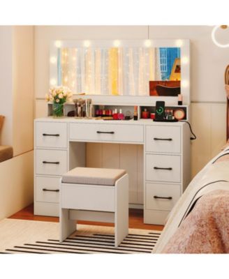 Makeup Vanity Table with Mirror and Lights, Power Outlets, Bedroom Dressing Desk