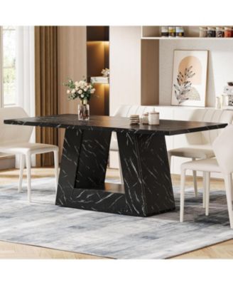 63" Dining Table for 4 to 6 People, Rectangular Dining Room Table, Modern Wooden Faux Marble Dinner Table with Sturdy Base