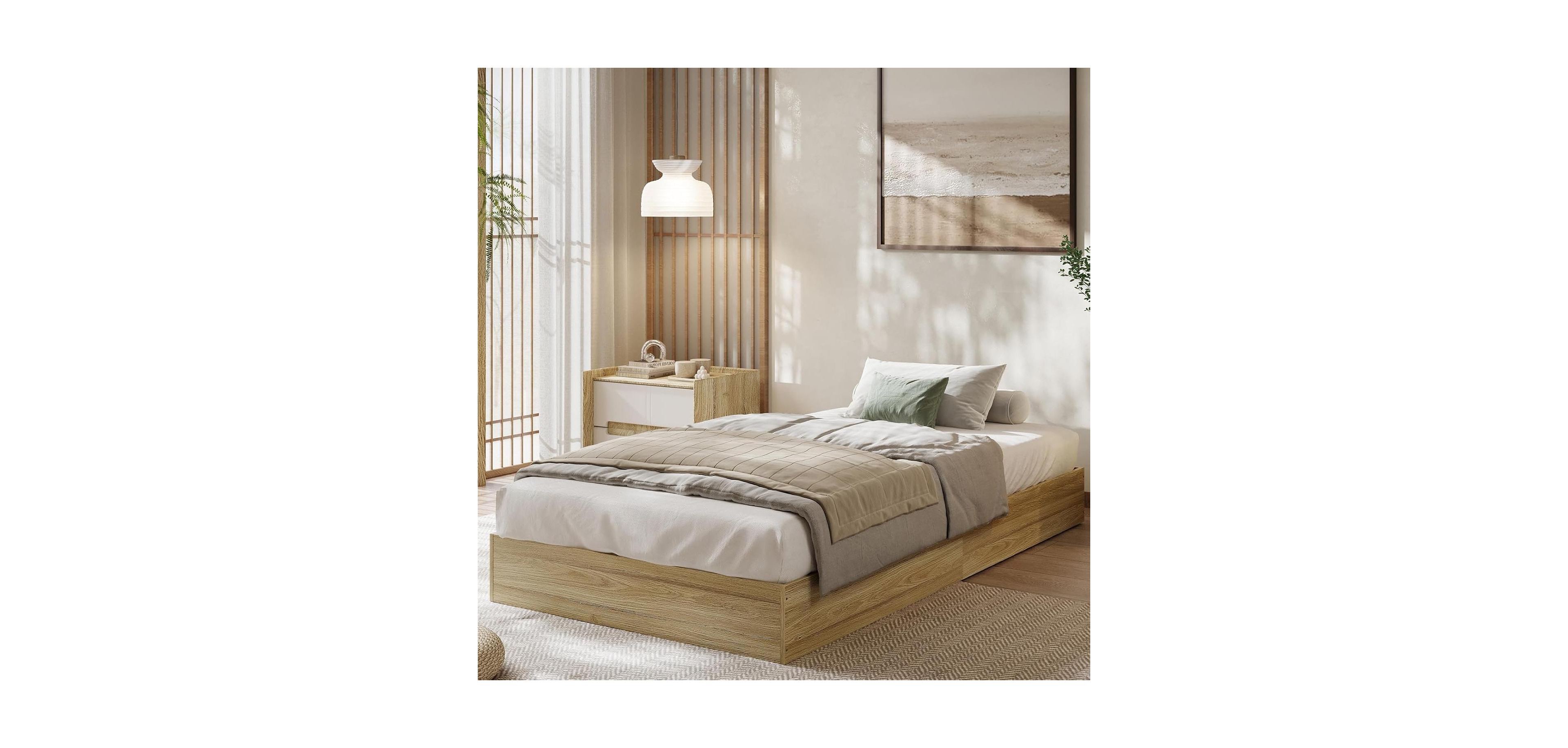 gaomon Solid Wood Platform Bed, Floor-Standing Bed Frame with Wooden Slats