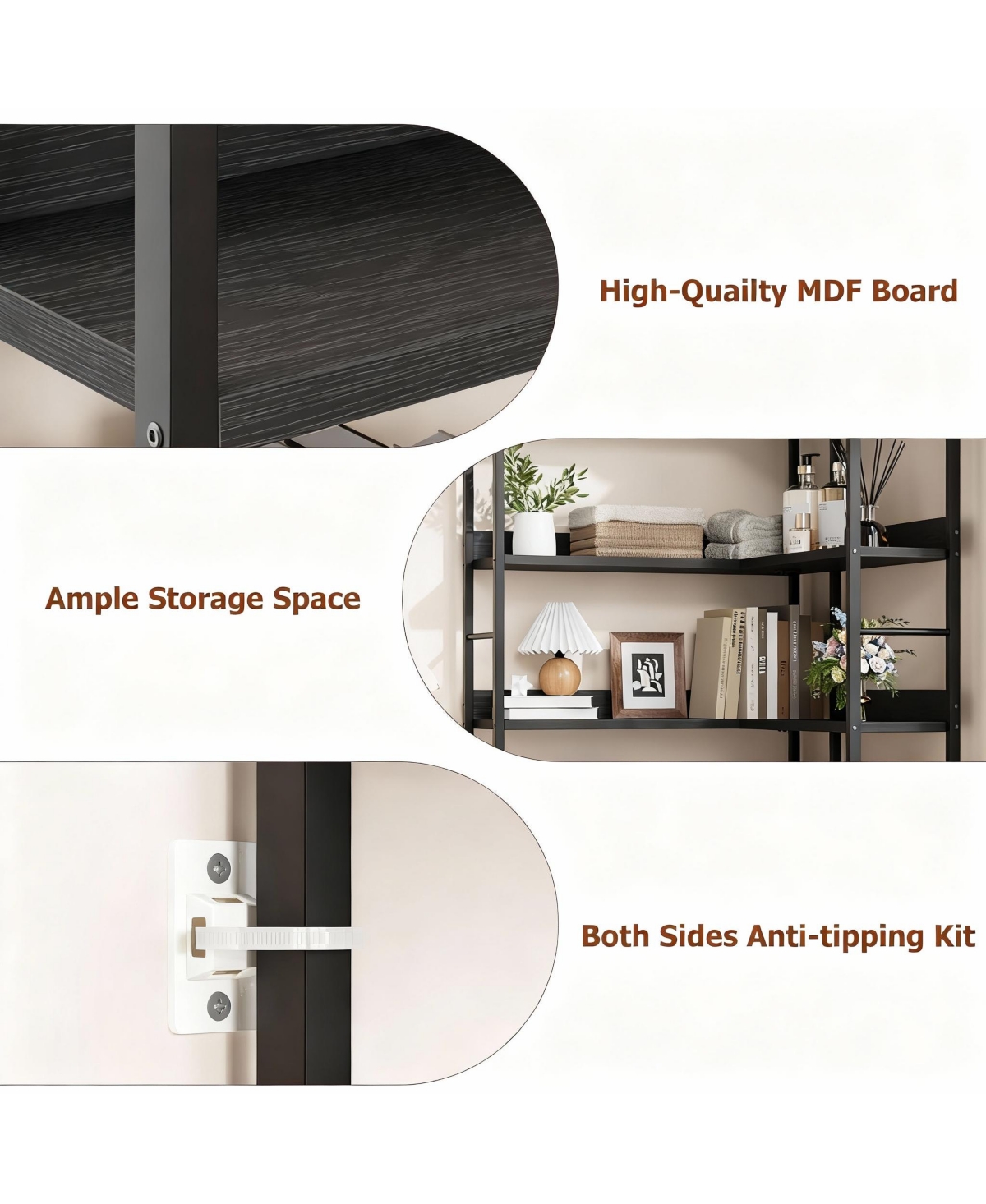 Yigii 5-Tier Storage Bookshelf, Corner Design, Edge Protection, Stable, Easy Assembly-Metal Frame for Living Room, Bedroom, Office