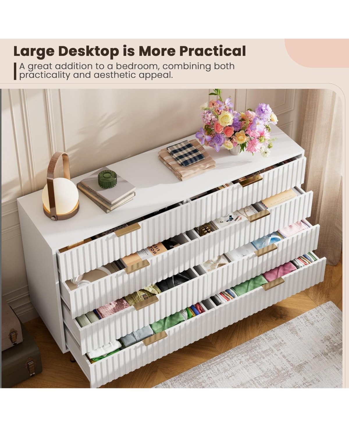 gaomon Drawer Dresser for Bedroom, Fluted Dresser with Large Drawers and Sturdy Gold Legs Support