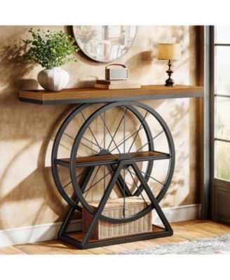 Industrial 3-Tier Console Table, 39.4" Sofa Table Entryway Table with Fixed Wheel Base, Narrow Wood Accent Tables