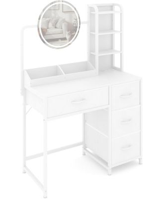 Modern Lighted Mirror Vanity, 4-Drawer Space-Saving Makeup Dressing Table for Bedroom