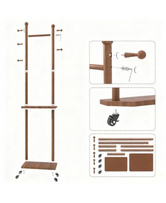 Solid Wood Walnut Coat Rack with Wheels & Shelves for Home