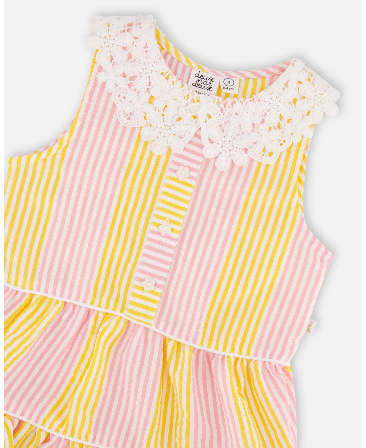 Deux par Deux Toddler Girls Sleeveless Dress with Crochet Peter Pan Collar Pink and Yellow Stripes