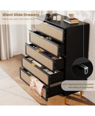 Black Modern Rattan 5-Drawer Dresser, Deep Storage & Wide Top for Bedroom