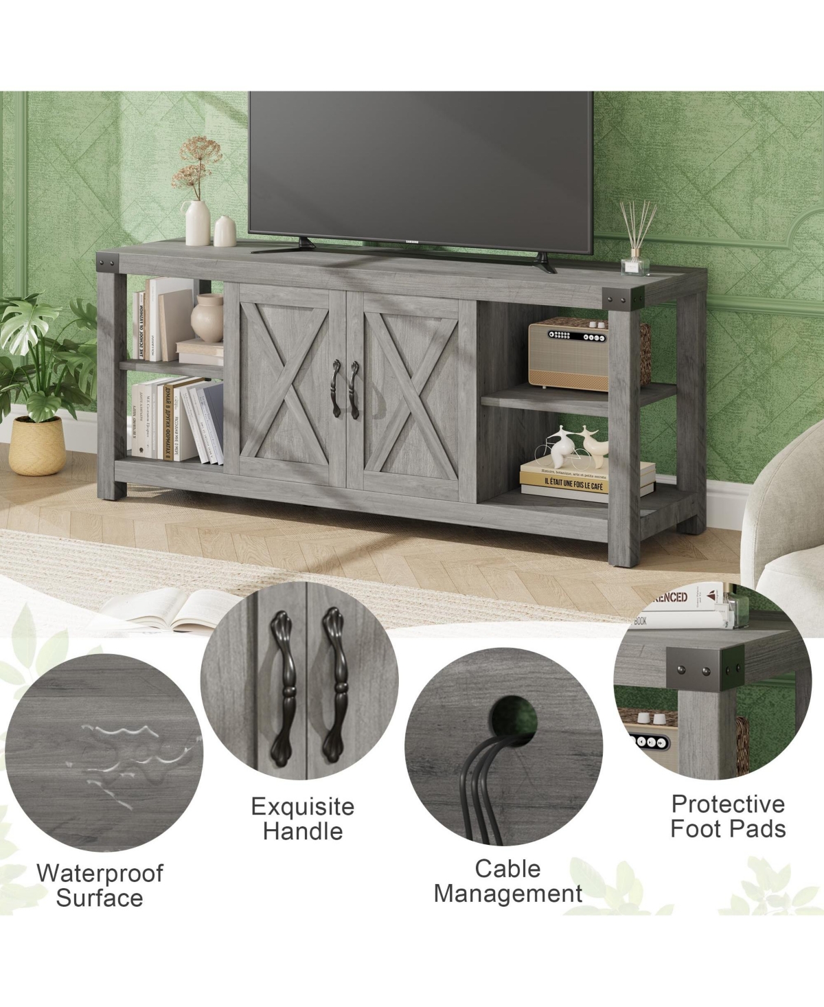 gaomon 60" Farmhouse Tv Stand for 65" TVs, Entertainment Center Console with Storage Shelves