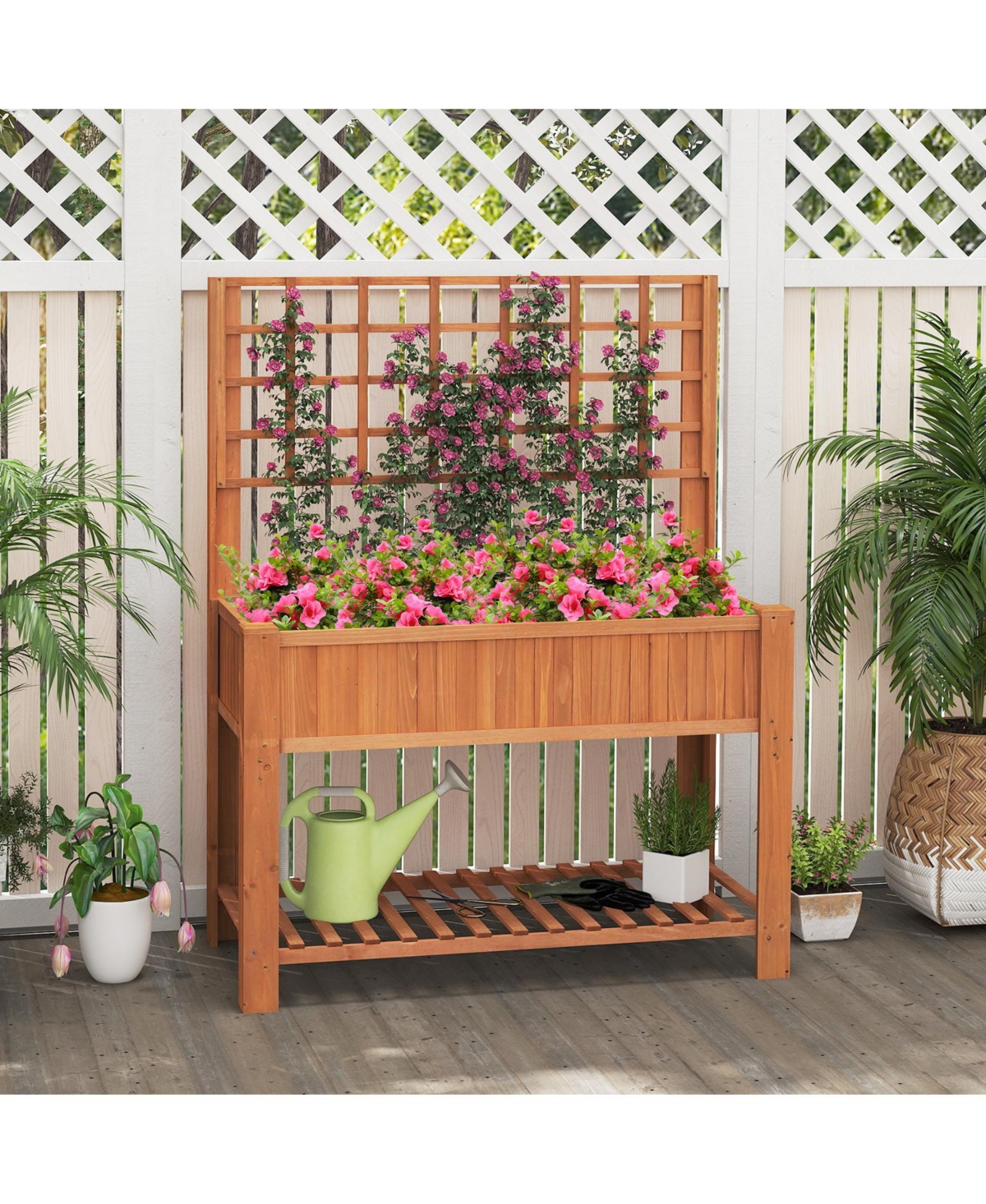 Slickblue Elevated Wooden Planter Box with Trellis Raised Garden Bed