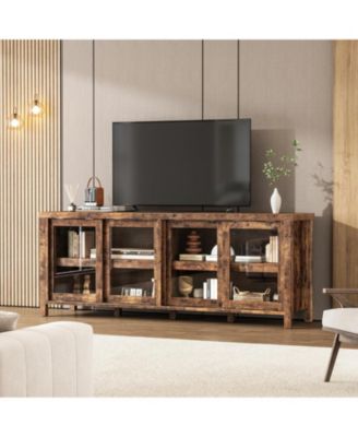 Mid Century Modern TV Stand for 65 Inch TV, 4 Sliding Glass Doors Storage Cabinets Entertainment Center