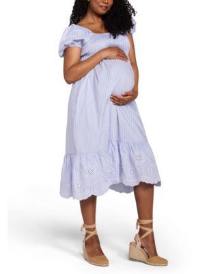 Maternity Motherhood Smocked Bodice with Puff Sleeves Midi Dress