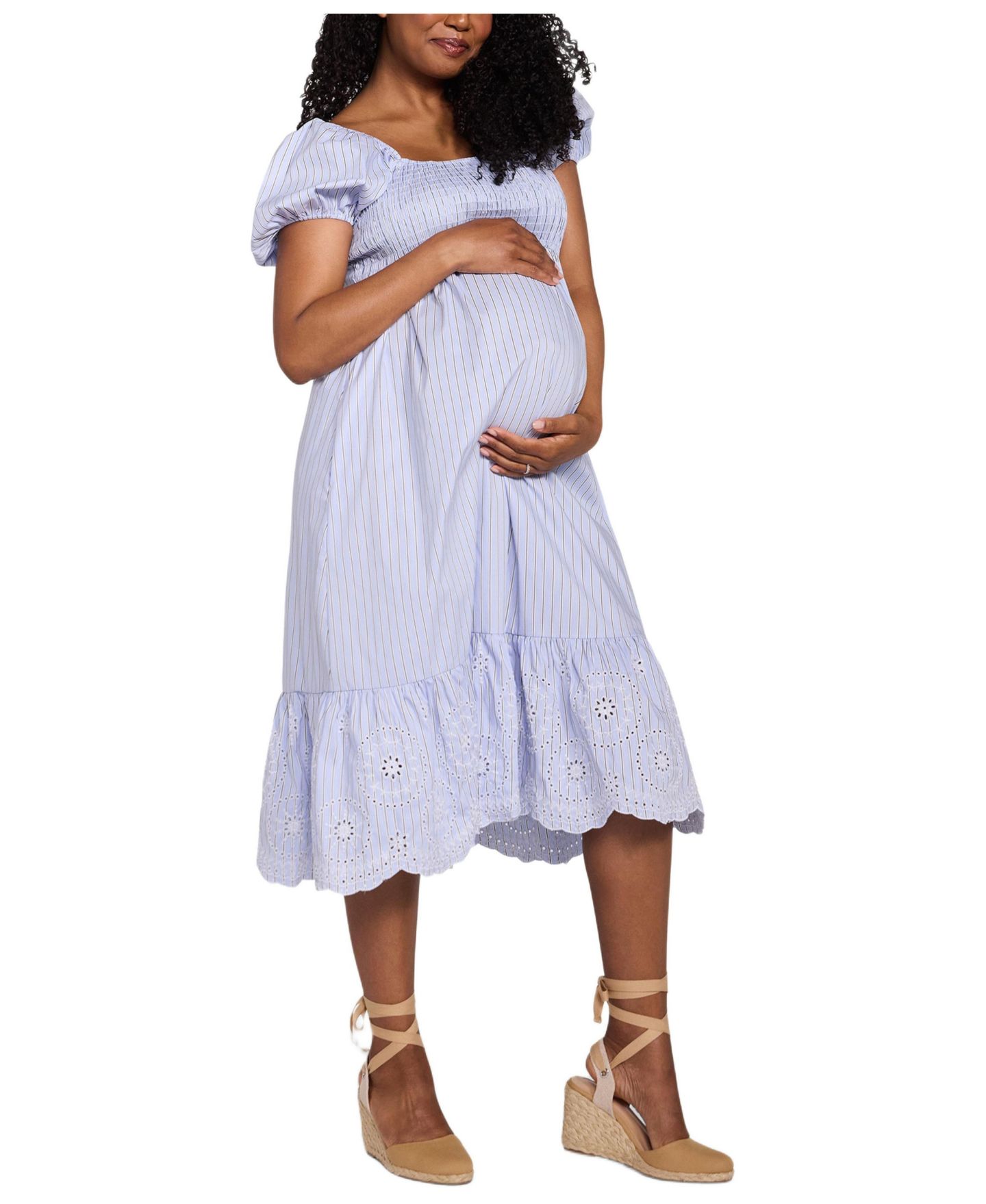Женское платье Motherhood Maternity Motherhood Smocked Bodice with Puff Sleeves Midi, цвет: Синий / Белый — фото 3