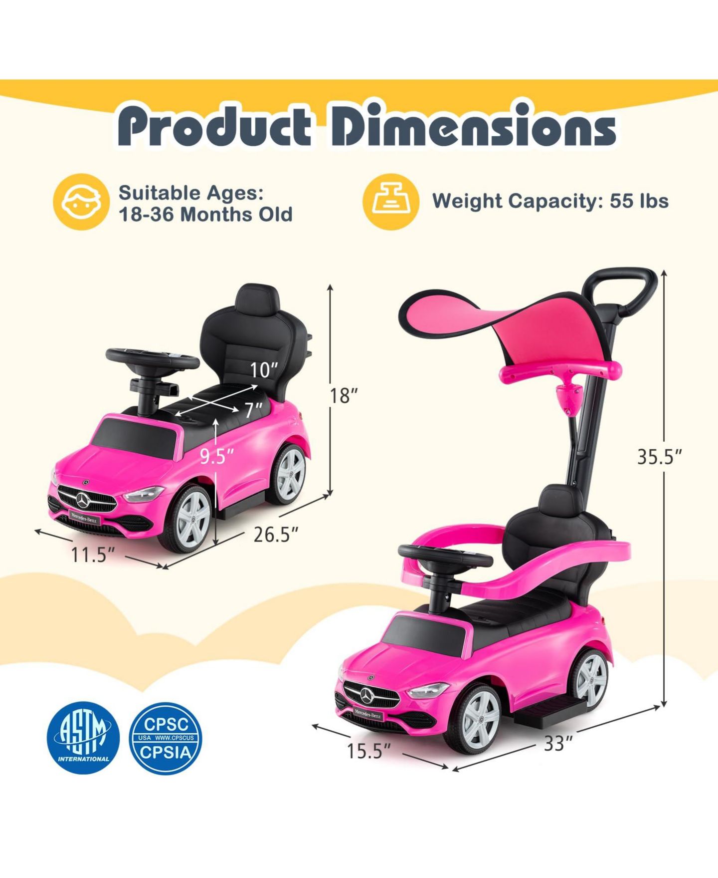 Детская игрушка Mecale 3-in-1 Mercedes-Benz Licensed Ride-On Push Car, Ages 18-36 Months, цвет: Розовый — фото 3