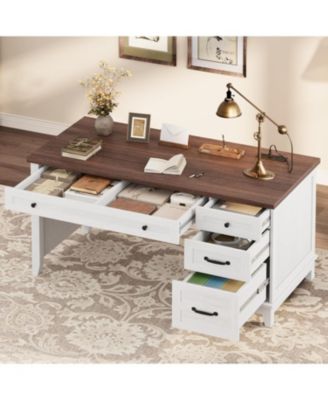 53.5" Farmhouse Executive Desk with File Drawers & Charging Station