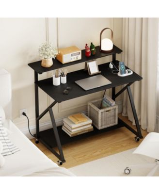 Rolling Computer Desk with Charging Station and Monitor Shelf, Home Office Storage Desk