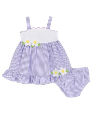Baby Girls' Lilac Scalloped Seersucker Square Neck Dress and Panty, 2-Piece Set