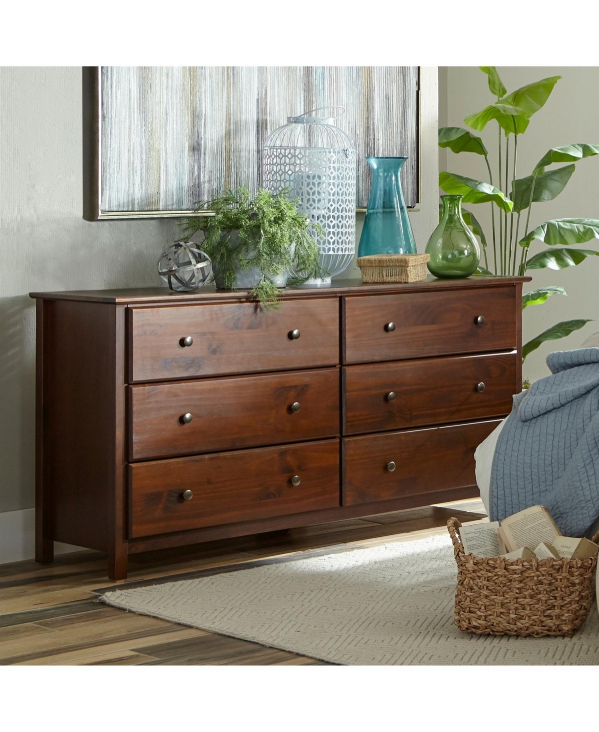 Solid Pine 6-Drawer Chest – Farmhouse Style Wooden Dresser for Bedroom Storage and Decorative Furniture Use