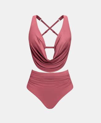 Women's Deep V Cowl Neck Ruching Bikini Sets