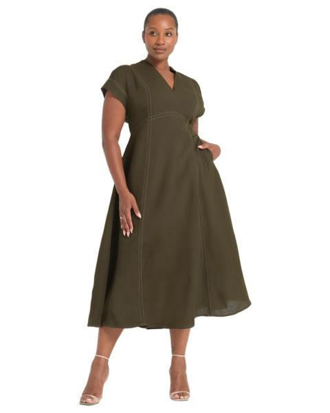 Женское платье ESTELLE Plus Size Arden Contrast Stitch Linen Maxi, цвет: Оливковый