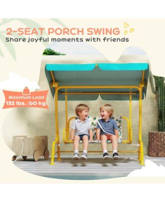 Kids 2-Seater Porch Swing with Seat Belts, Adjustable Canopy
