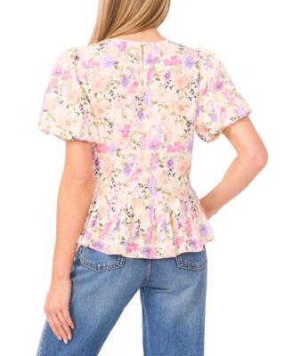 Women's Puff Sleeves Shirred Crew Neck Peplum Top