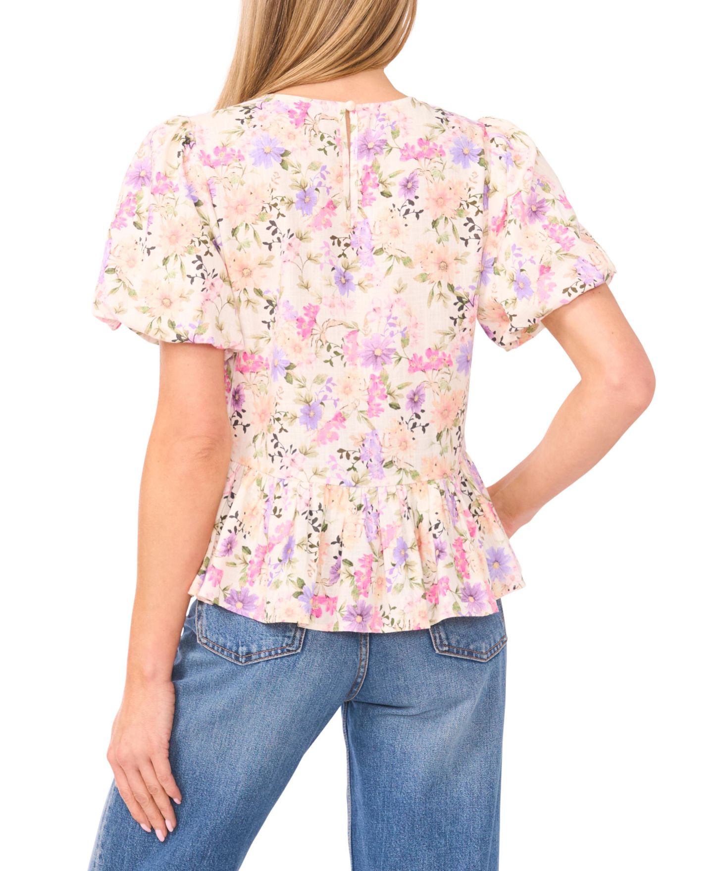 Женский топ CeCe Linen-Blend Floral Puff-Sleeve Crew Neck Peplum, цвет: Слоновая кость — фото 5