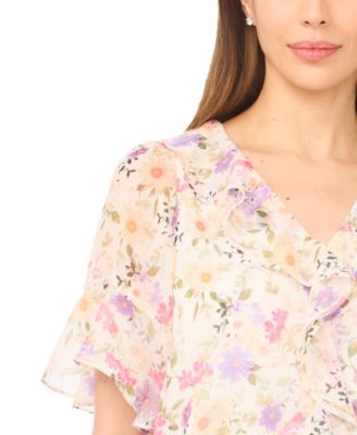 Women's Flutter Sleeves Ruffle V-Neck Top