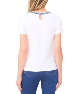 Women's Denim Chain Crew Neck Trim T-Shirt