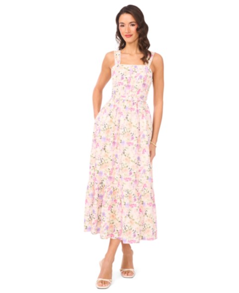 Женские платья CeCe Women's Linen-Blend Floral Smocked Back Belted Linen Midi Dress