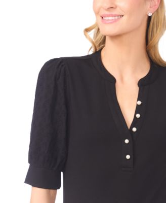 Women's Half-Placket Detail Puff Sleeves Top