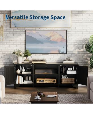 Boho TV Stand with 2 Storage Cabinets & Open Shelf, Bohemian Media Center