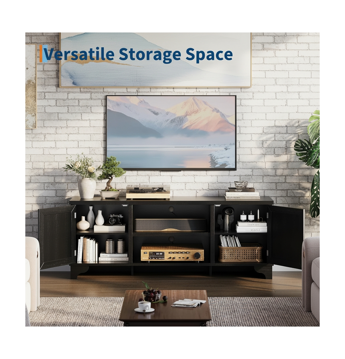 gaomon Boho Tv Stand with 2 Storage Cabinets & Open Shelf, Bohemian Media Center