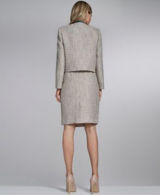 Solid Sleeveless Pleated Neck Cami, Tweed Open Front Jacket, and Tweed Pencil Skirt