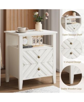 LED Night Stand with 2 Storage Drawers and Stable Wooden Legs，Farmhouse Nightstand w/V-Shaped Design，Wooden Rustic Bedside Table (2, White