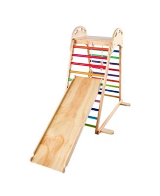 Indoor Playground Jungle Gym, 4-in-1 Wooden Indoor Playground Playset with Climbing Rock, Slide, Wooden Ladder & Gym Rings