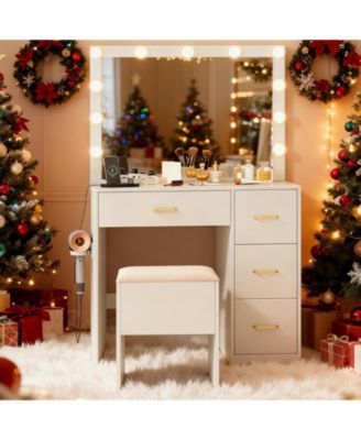 Vanity Desk with Lighted Mirror and Power Outlets, Makeup Dressing Table